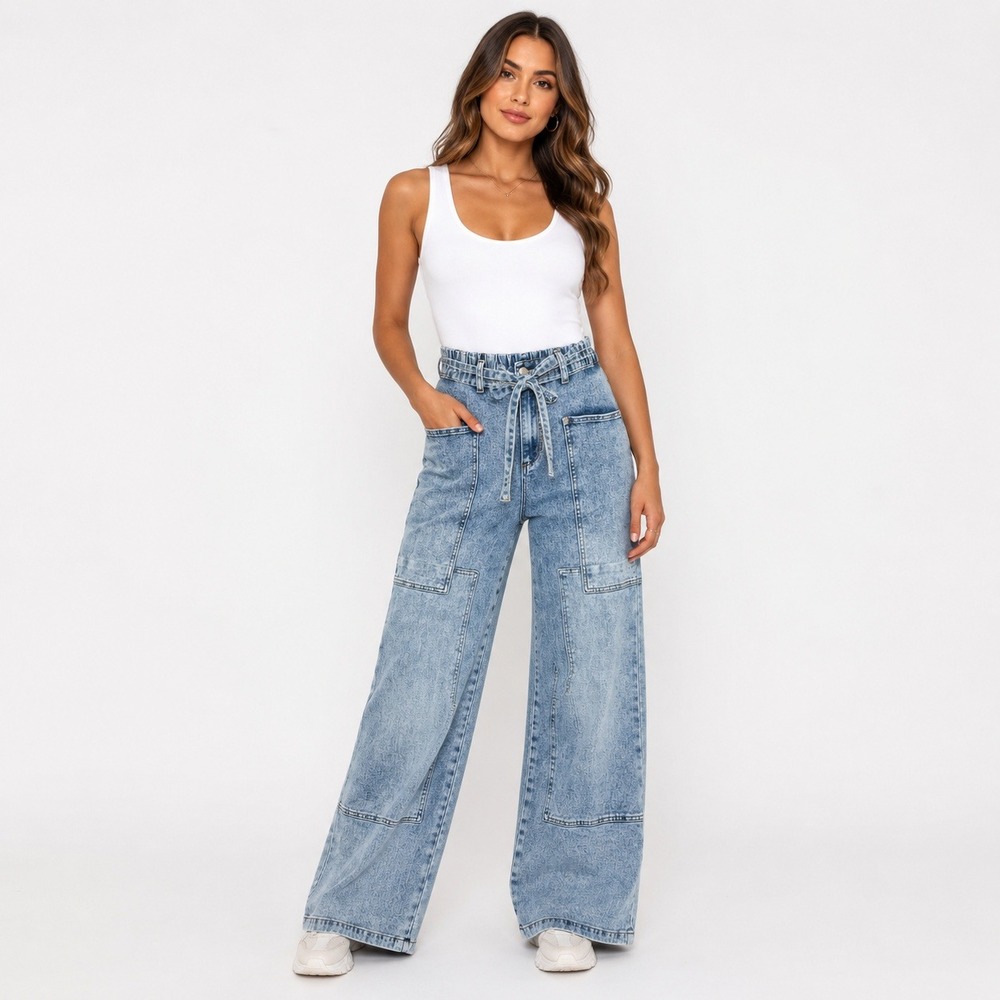Flamingals Y2K Wide Leg Utility Jeans Acid Wash Blue High Rise Size M